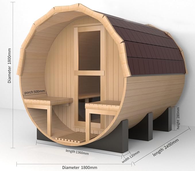 Outdoor Barrel Steam Sauna with Porch, Canadian Red Cedar Sauna 6 Person, 6KW ETL Toule Heater, 220V, Waterproofing System with Saunas Stones, Asphalt Shingles, Rubber Base(0-195℉)
