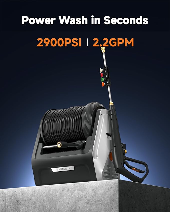 Giraffe Tools Wall Mounted Pressure Washer Essential with Upgraded 1800W Motor, Max 2900 PSI, 2.2 GPM Electric Power Washer with 100ft Retractable Pressure Hose, Automatic Rewind, Any Length Lock