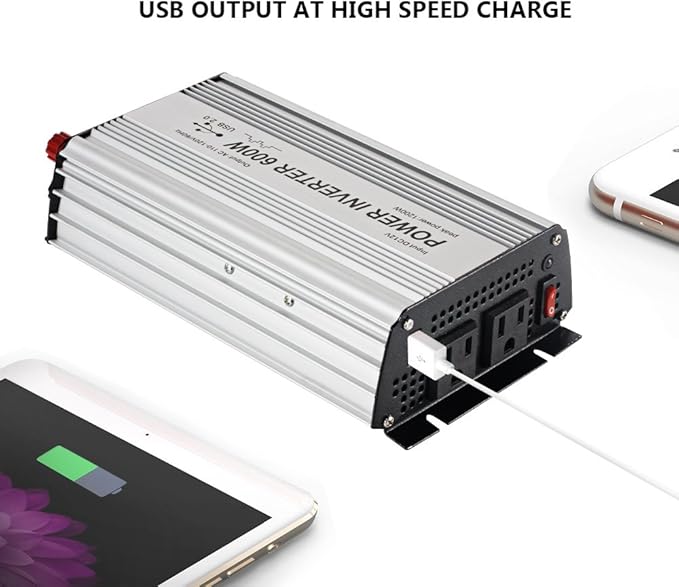 600W Power Inverter DC 12V，Output 110V-120V AC Car Inverter with USB Car Adapter