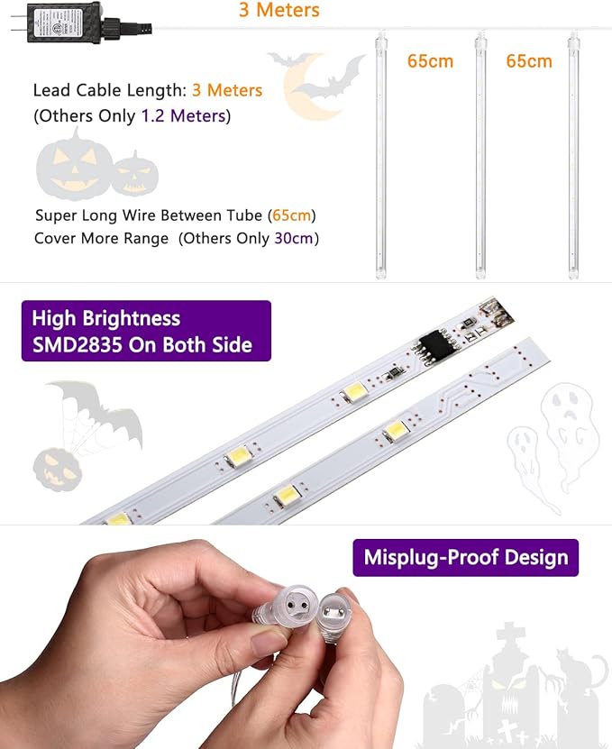 Halloween Lights Outdoor 10 Tubes 240 LED Raindrop Meteor Shower Icicle Light with Timer Function Cascading Falling Rain Lights for Halloween Orange Purple