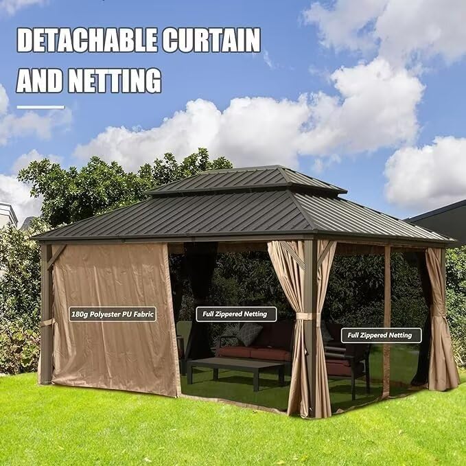 Domi 12'x14' Hardtop Gazebo Canopy Metal,Outdoor Metal Gazebo with Galvanized Steel Double Roof,Curtain and Netting,Permanent Gazebo Pavilion for Patio Deck,Backyard