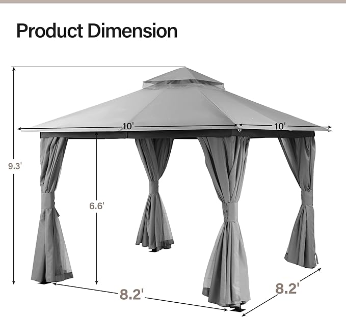 LAUSAINT HOME Outdoor Patio Gazebo 10'x10' with Expansion Bolts, Heavy Duty Gazebos Shelter Party Tent with Double Roofs, Mosquito Nettings and Privacy Screens for Backyard, Garden, Lawn, Smoke Grey