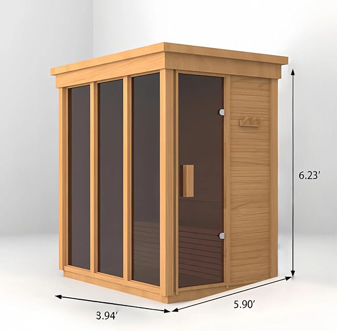 Outdoor Corner Steam Sauna, Canadian Hemlock Saunas 3-4 Person, 6KW ETL Toule Heater, 220V,Broad Bench, Glass Wall Sauna, Waterproof System, Asphalt Shingles,Right Door(0-195℉)