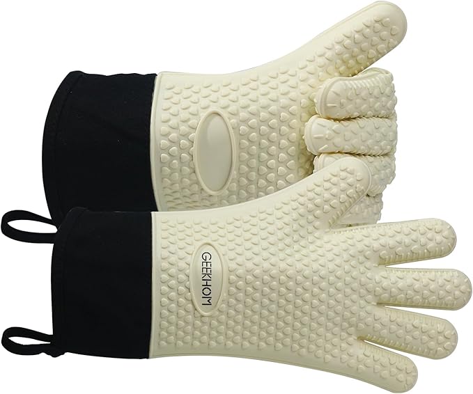 GEEKHOM BBQ Gloves Heat Resistant Oven Mitts - Silicone Grilling Gloves with 13.7" Arm Protection - Waterproof Pot Holder Non-Slip for Men & Women, Kitchen Outdoor Cooking, Baking, Camping, Mint Beige