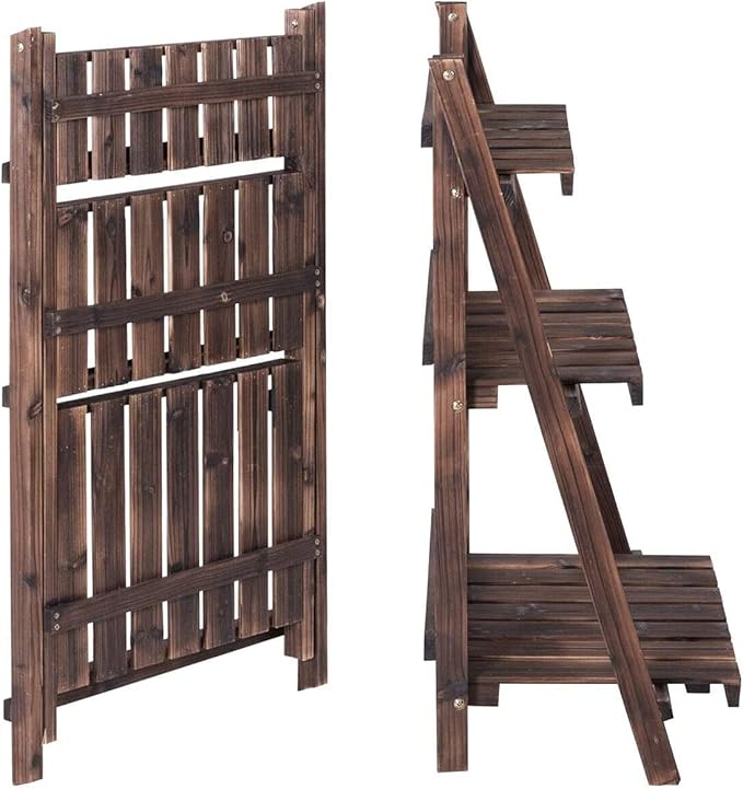Giantex 3 Tier Folding Wooden Plant Stand, Indoor Flower Pot Holder Display Rack, Free Installation Corner Plants Storage Shelf, Foldable Rustic Wood Ladder Shelf for Home Patio Balcony Garden