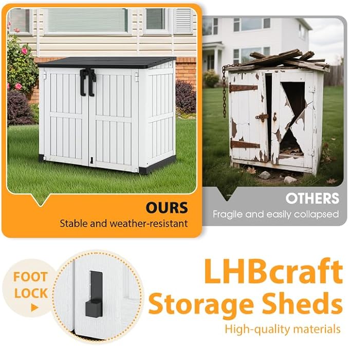 LHBcraft Outdoor Storage Cabinet 36 Cu Ft with Lockable Doors, Portable Horizontal Resin Storage Shed - Easy to Assemble, Waterproof Small Storage Shed with Floor