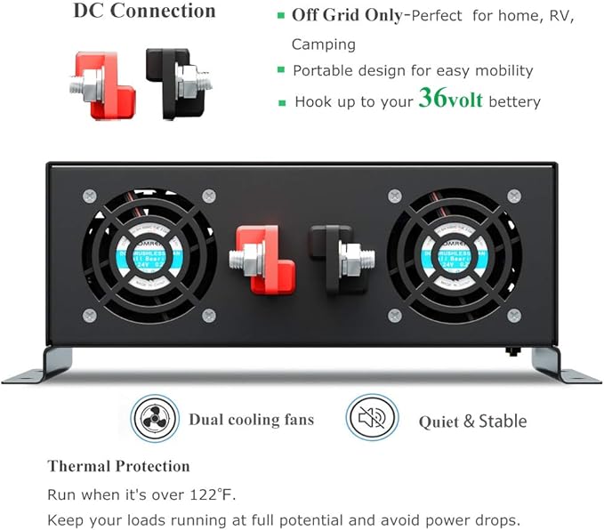 WZRELB 2000W 36V 120V Pure Sine Wave Power Inverter with 2 AC Outlets,Car Inverter,Remote Control