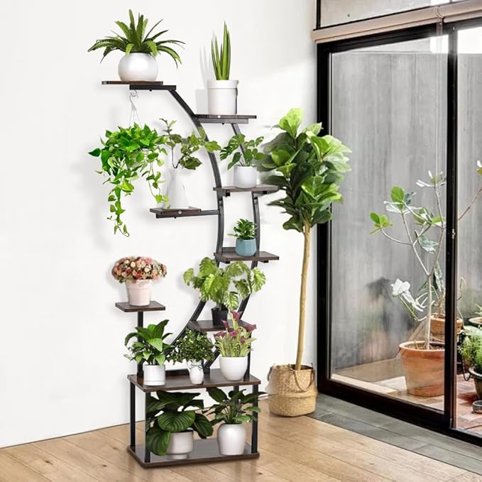 VINCIGANT Black Metal Plant Stand with Grow Light, 9 Tiered Shelf, 60" Corner Plant Holder for Living Room, Home, Patio, Balcony