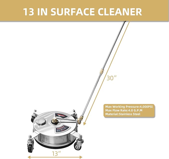 Thunderbay Compact 2-in-1 Pressure Washer 13" Surface Cleaner with 4 Wheels Stainless Steel Power Washer Multi-Use Scrubber Floor Brush