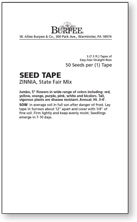 Burpee State Fair Mix Zinnia Seed Tape 50 per tape
