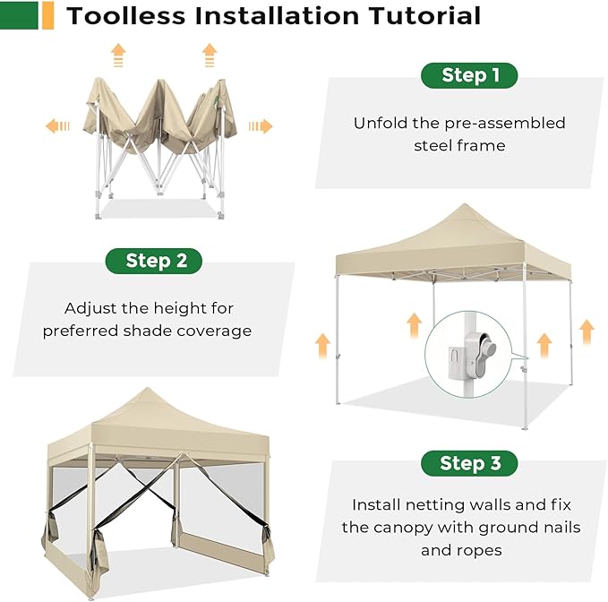 COBIZI 10x10 Heavy Duty Pop Up Canopy Tent with 4 Sidewalls, Commercial Gazebo Party Tent with Mosquito Netting Wall Easy Set Up Outdoor Instant Screen Canopy for Backyard, Patio, Garden, Khaki