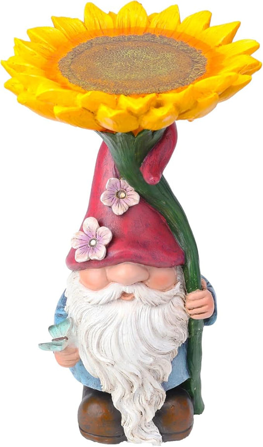 MUMTOP Garden Gnome Statue with Sunflower Bird Bath Outdoor Decor, Gnome Birdbaths Bird Feeder with Solar LED Light Waterproof Garden Sculpture for Yard Lawn Outdoor Decorations