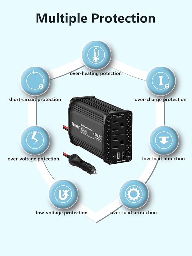 ALLWEI 300W Power Inverter 12V DC to 110V AC Car Plug Adapter Outlet Converter with 65W PD USB-C &18W USB-A Fast Charger, Car Cigarette Lighter Adapter for Laptop Tablets Phones - Portable - Black