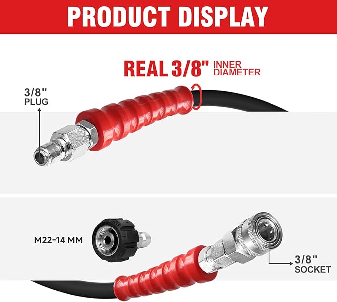 3/8" Non Marking Pressure Washer Hose 100 FT,Kink Resistant Power Washer Replacement Hose Steel Wire Braided for Hot and Cold Water, with M22 14mm to 3/8" Swivel Quick Connect, 5000 PSI (100FT)