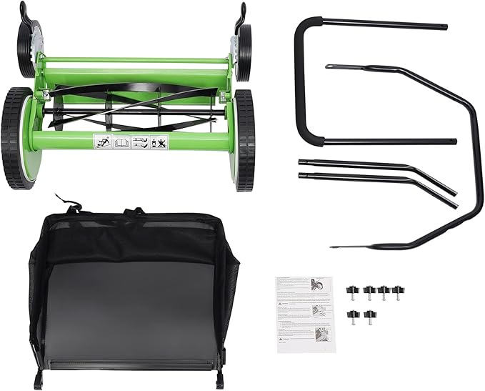 16-Inch Manual Reel Lawn Mower 9 Adjustable Heights 4-Wheel Push Mower for Large Lawns No Gas/Charge, Lightweight & Quiet Grass Cutter