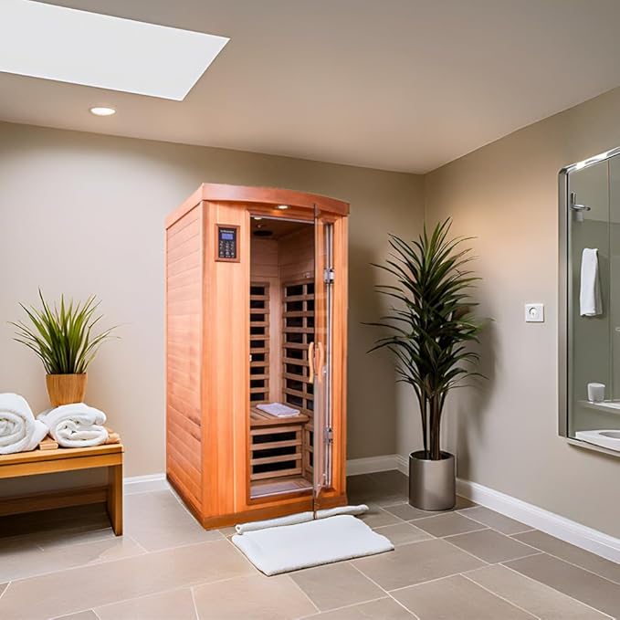 Far Infrared Sauna Room 1-2 Person Infrared Home Saunas, 8 Low EMF Heating Panels, 1510 Watts Red Cedar Wooden Saunabox with LED Reading Lamp, LCD Display-Control, Blue-Tooth Audio