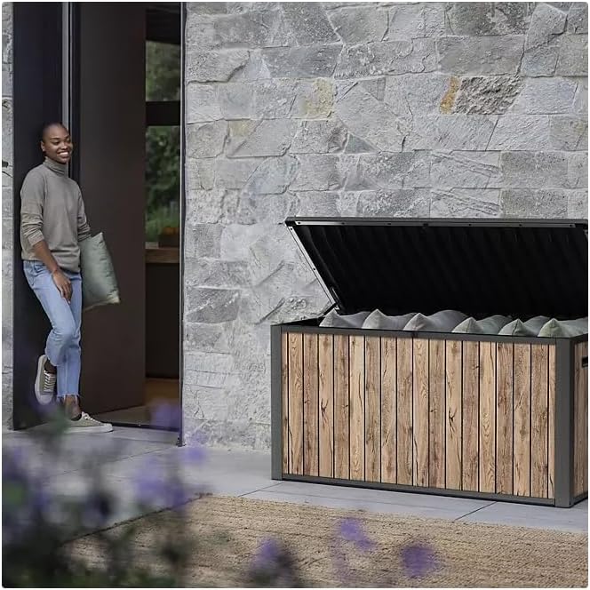 Stylish Indoor/Outdoor Storage Deck Box,Resin,Large Capacity, Weather-Resistant, Lockable lid and Side handles. (Rust Wood Brown, 170 Gallon)