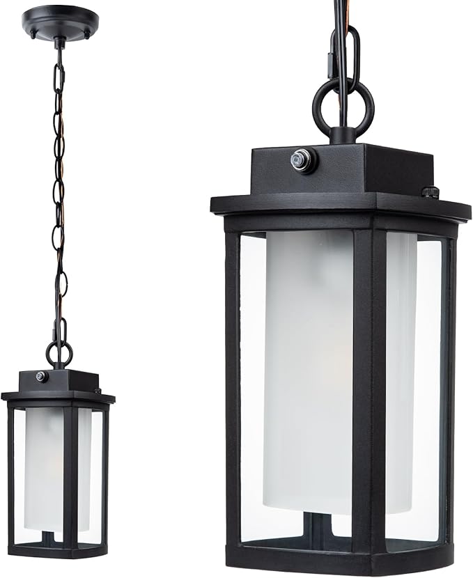 JYZ Dusk to Dawn Outdoor Hanging Light, Exterior Pendant Lantern Dusk Till Dawn, Modern Contemporary Indoor Outdoor Chandelier Lamp Ceiling Mount for Front Porch Entry Gazebo Patio Garden Pergola