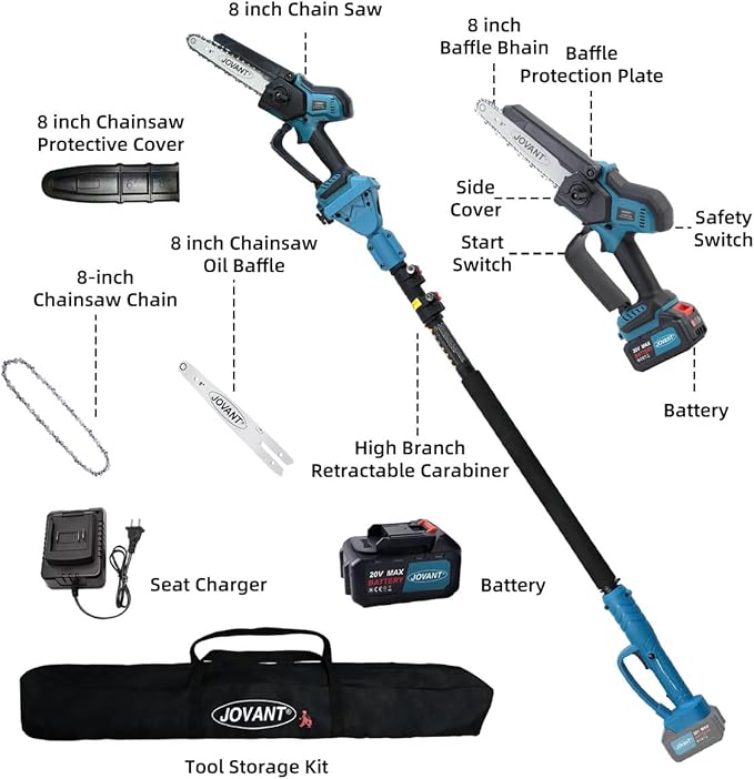 Cordless Pole Saw with 1 Max 20V*6Ah Battery, 8inch Chainsaw and Pole Tree Trimmer. Electric Pole Saw and Branch Cutter Battery Powered,15-Feet Reach for Tree Trimming and Pruning Saw with Bag