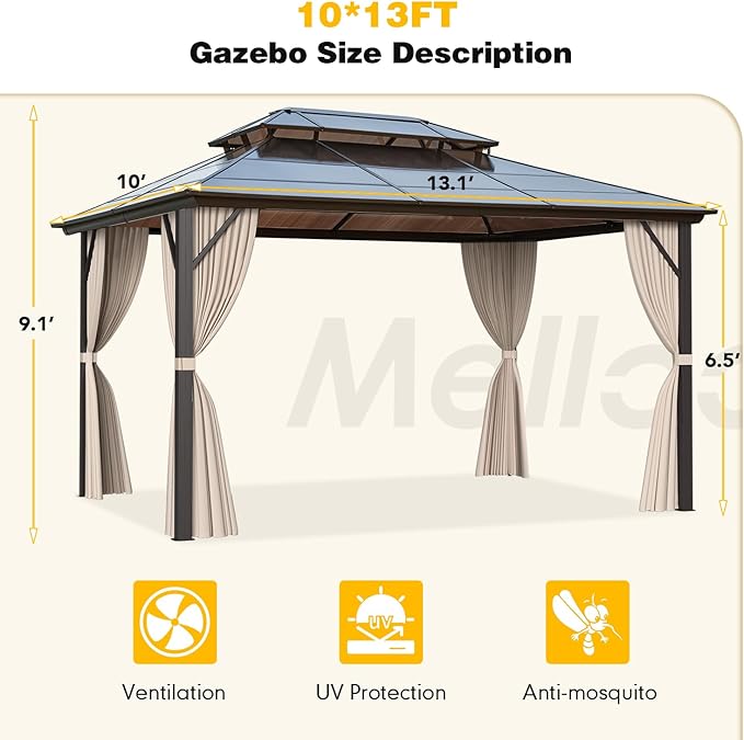 MELLCOM 10'x13' Hardtop Gazebo with Polycarbonate Double Roof, Aluminum Frame Outdoor Gazebo Permanent Pavilion with Curtains and Netting for Patio, Lawn & Garden