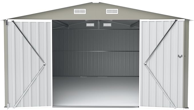 10x14 FT Outdoor Metal Storage Shed with Lockable Door, Steel Garden Utility Shed with Vents, Backyard Patio Tool Shed for Lawn Equipment, Bike, Firewood and Mower Storage, Light Gray
