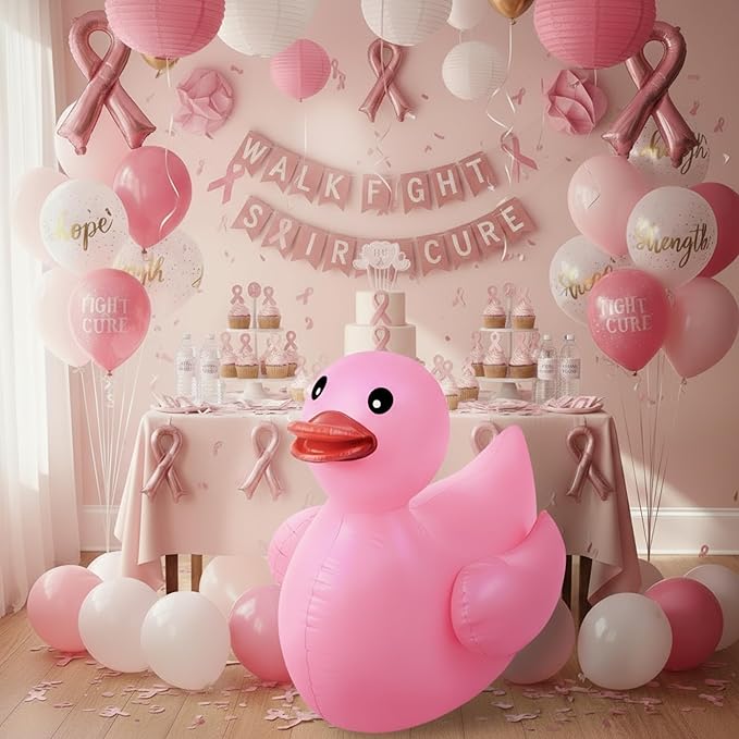Hungdao Large Breast Cancer Golf Cart Decorations Kit, Giant PVC Pink Inflatable Duck, Tinsel Garlands Tinsel Streamers Fan Flag, Reuseable Indoor Outdoor Decoration for Awareness Parade