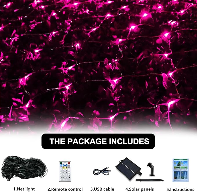 Solar Net Lights Pink Christmas Decorations, 200 LED Net Lights Outdoor Mesh Lights, Remote Control 19 Modes String Lights for Garden, Yard, shrubs, Trunk, Bedroom, Valentine’s Day Decor-9.8ft x 6.6ft