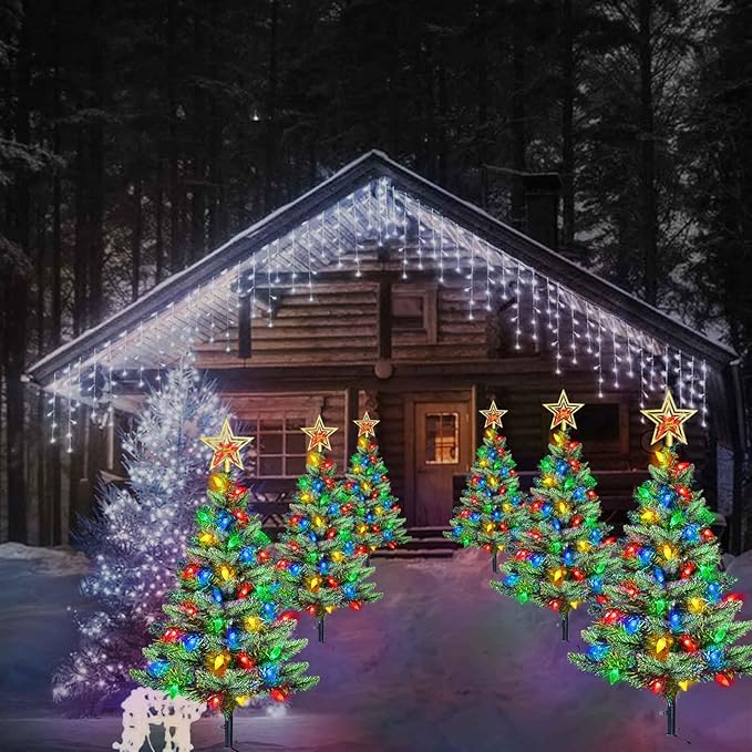 Upgraded Set of 2 Solar Christmas Tree, Outdoor Christmas Decorations,Prelit Xmas Tree w/ 100 LED Multi-color C6 String Lights for Outsdie Holiday Display Yard Front Porch Pathway Grave Cemetery Decor