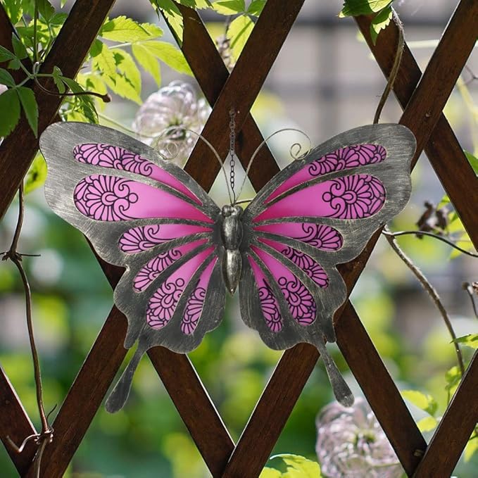 LIFFY Metal Butterfly Wall Art - 12" Glass Outdoor Wall Decor - Hanging Garden Decorations Outside - Metal Wall Art for Yard Fence Patio