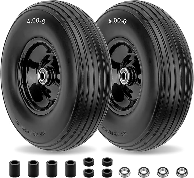 4.00-6 Flat-Free Solid Tire and Wheel 13" Wheelbarrow Tire by Cenipar With 3/4" & 5/8" Grease Bushing and 1.75" Centered Hub 4.00-6 tire and wheel for Garden Cart Trolley Hand Truck, 2 PC