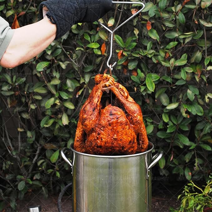 Upgraded Turkey Fryer Stand Kit and Vertical Skewer Set, Thanksgiving Turkey Fryer Accessories Poultry Turkey Hanger Chicken Rack for Grill Stainless Steel (with Lifter Hook)