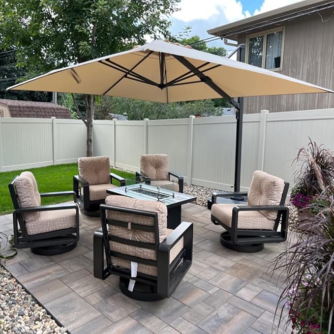 PURPLE LEAF 12 FT Square Patio Umbrella with Base Large Offset Hanging Outdoor Cantilever Umbrella Included Base for Garden Deck Backyard Pool Beige