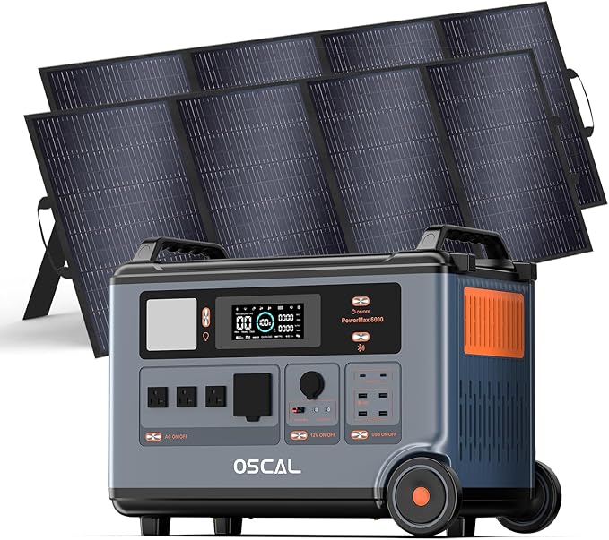 OSCAL Promax6000 Solar Generator with 2x400W Solar Panel,6000W(Peak 7200w),120V/240V Dual Voltage Portable Power Station,3600WH Lifepo4 Battery 14 Outlets,2200W 1.96H Fast Charge,for Home Backup,RV.
