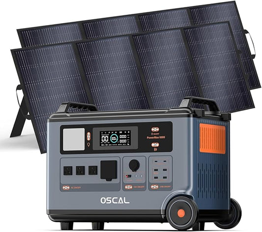 OSCAL Promax6000 Solar Generator with 2x400W Solar Panel,6000W(Peak 7200w),120V/240V Dual Voltage Portable Power Station,3600WH Lifepo4 Battery 14 Outlets,2200W 1.96H Fast Charge,for Home Backup,RV.