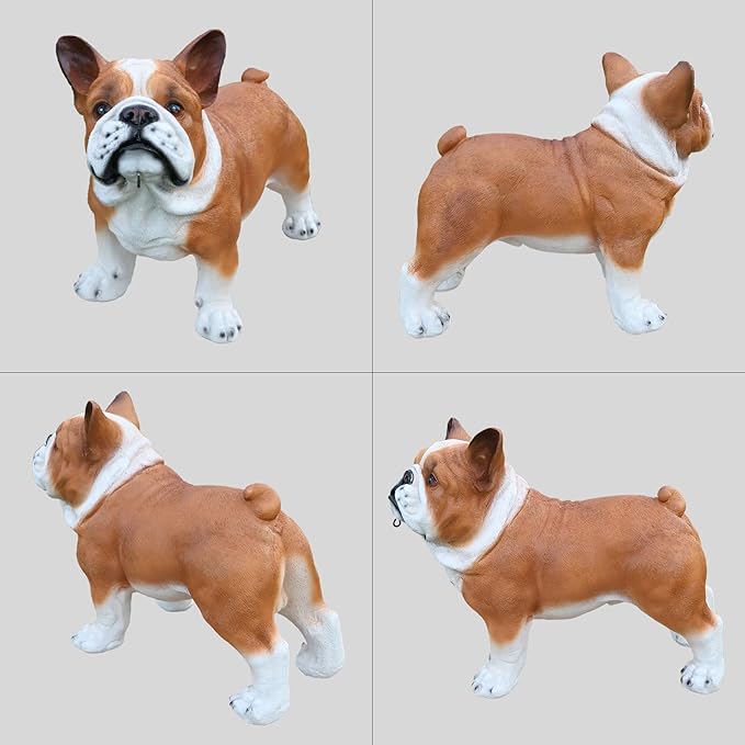 French Bulldog Outdoor Dog Statue with Reversible “Welcome/ON Patrol” Hanging Plaque and Solar Walkway Lantern, Brown & White Standing Yard Accent