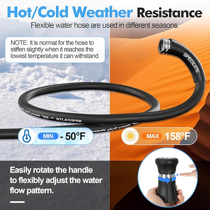 SPECILITE 5/8" Hot/Cold Water Hose 150 ft with High Flow Nozzle,Heavy Duty Flexible Rubber Garden Hose -50℉ to 158℉ With 3/4" Stainless Steel Fittings for Yard, Outdoor, Farm, Lightweight, Black