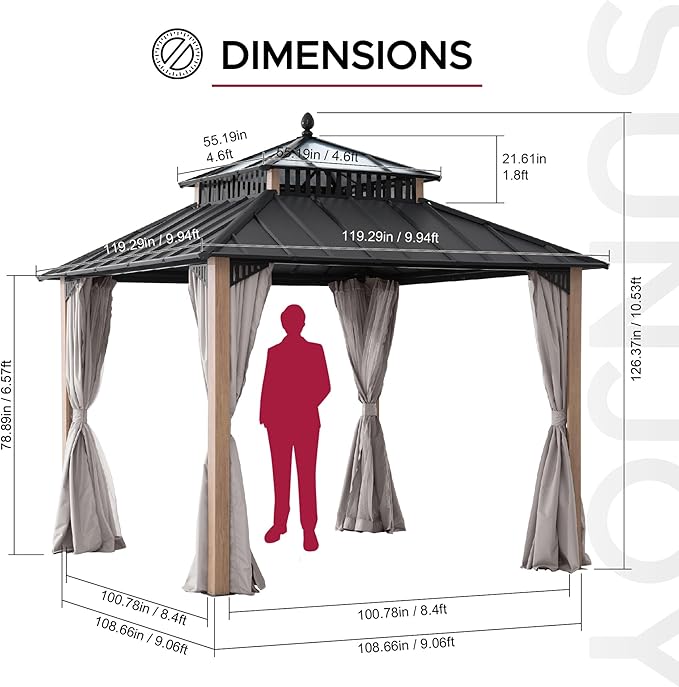 SUNJOY Kingston 10' x 10' Hardtop Gazebo with Galvanized Steel/Polycarbonate Double Roof, Curtain and Netting, Woodgrain Finish Aluminum Posts Permanent Pavilion Gazebo for Garden, Patio, Deck, Lawn