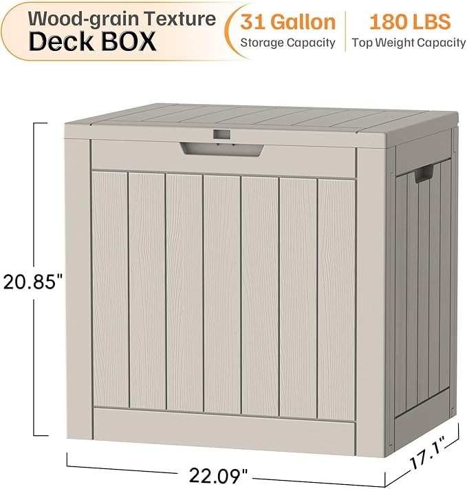 31 Gallon Deck Box, Small Outdoor Storage Box Waterproof, UV-Resistant and Weatherproof Outside Resin Storage Bin for Outdoor Patio Furniture Pillows, Pool Supplies, Garden Tools, Light Brown