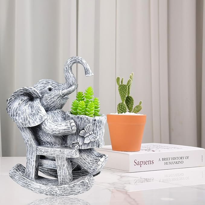 Succulent Pots Indoor Elephant Gifts for Women for Plant Lovers Cute Outdoor Plant Pots Outdoor Garden Animal Decor Elephant Sit Chair Statue with Drainage Hole