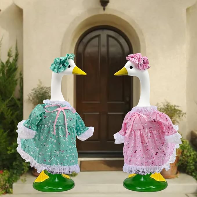 2-Pack Porch Goose Outfits for 23" Porch Goose- Lace Design Dress & Hat Set, Garden & Lawn Porch Goose Clothing for Patio Yard Lawn Decor (Green + Pink)