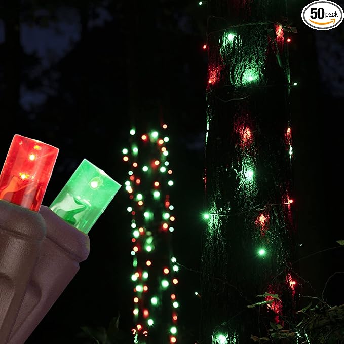 50 Red-Green StretchNet Pro Expandable Christmas Net Lights - 20" x 45" Stretchable Net - Brown Wire Outdoor Tree Lights