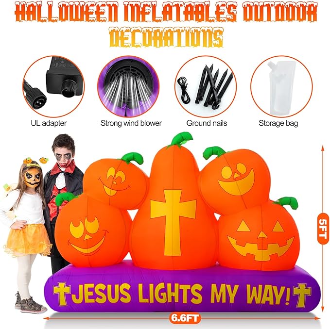 Chivao 5 ft Halloween Christian Inflatable Pumpkins Decoration for Outdoor Jesus Lights My Way Inflatable Pumpkins Trunk or Treat Blow up Yard Decor Halloween with LED for Garden Lawn Holiday Decor