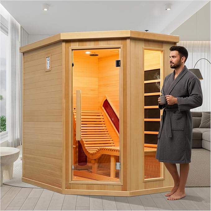 ZONEMEL 1 to 2 Person Infrared Sauna Room, Canadian Hemlock Wood Sauna with Recliner, Tempered Glass Door, 220V, 2300W, 4 Full Spectrum Heating Tubes, 4 Carbon Crystal Heating Panel, Oxygen Bar