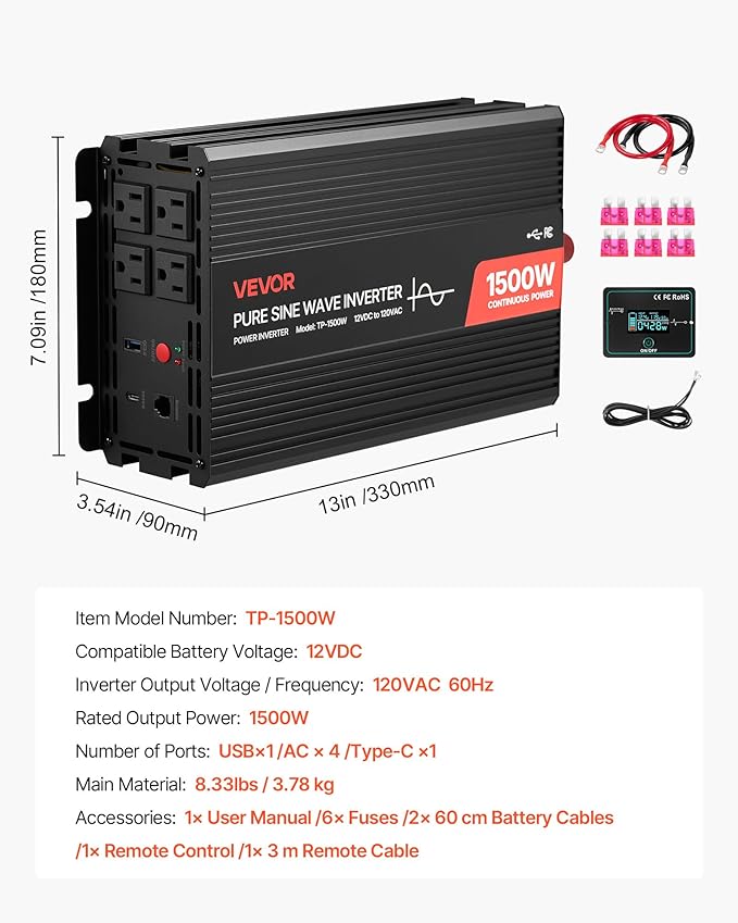VEVOR 1500W Power Inverter, 12V DC to 120V AC Pure Sine Wave Inverter, Car Charger Converter with Remote Control, USB & Type-C Ports, 4 AC Outlets, Fast-Charging for RV, Truck Outdoor Camping
