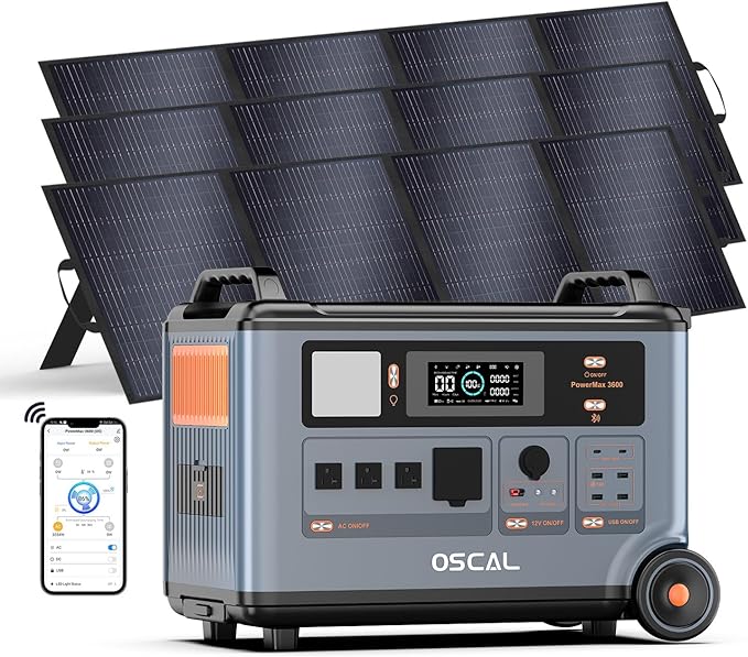 OSCAL Promax6000 120V/240V Solar Generator 6000W(Peak 7200W) with 3x200W Solar Panel,Dual Voltage 3600WH Lifepo4 Battery Portable Power Station with 14 Outlets,2200W 1.96H Fast Charge,for Home Backup