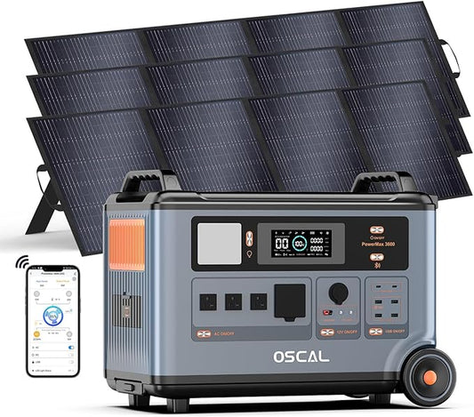 OSCAL Promax6000 120V/240V Solar Generator 6000W(Peak 7200W) with 3x200W Solar Panel,Dual Voltage 3600WH Lifepo4 Battery Portable Power Station with 14 Outlets,2200W 1.96H Fast Charge,for Home Backup
