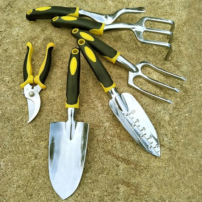 6Pcs Garden Tool Set, Includes Garden Shovel, Transplant Trowel with 4 inch Depth Marking, Hand Rake, Weed Puller, Garden Fork & Pruning Shear for Planting, Weeding, Pruning (6)