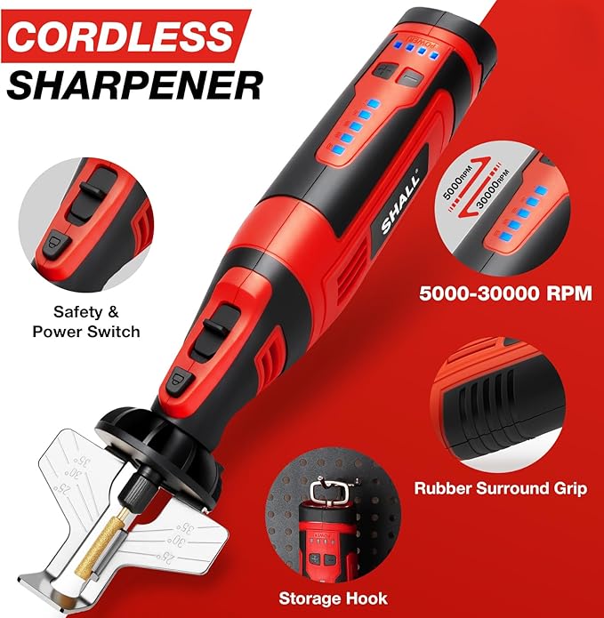 SHALL Electric Cordless Chainsaw Sharpener Kit, with 6 Titanium-Coated Diamond Drill Bits and Angle Guide, for All Chainsaws Chains