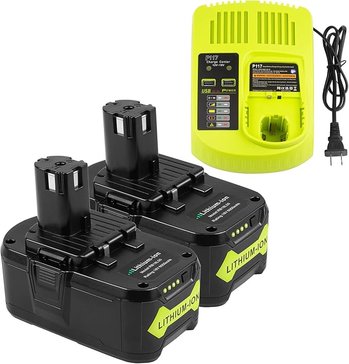 ARyee 2Pack 6.0Ah 18Volt Replacement for Ryobi 18V Lithium Battery ONE+ Plus P108 P102 P103 P104 P105 P107 P109 P122 RB18L50 PBP005 Cordless Power Tools with P117 Battery Charger for Ryobi