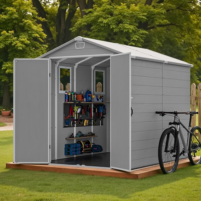 Devoko 6x8 Ft Outdoor Storage Shed - Lockable Resin Tool Shed with Window & Floor - Easy Assembly for Garden, Backyard